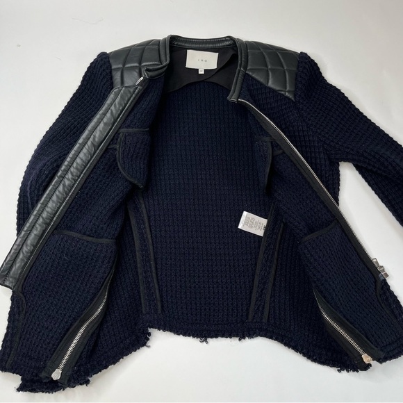 IRO Ceylona Navy Blue Waffle Pattern Knit Black Quilted Leather Edgy Zip Blazer - Picture 9 of 15